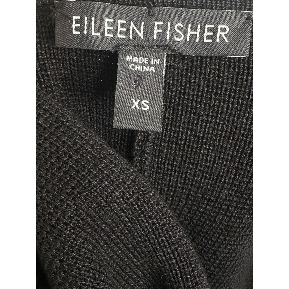 Eileen Fisher Jacket XS Black Leather Trim Zip Front Longline Textured Knit Coat - Picture 7 of 9